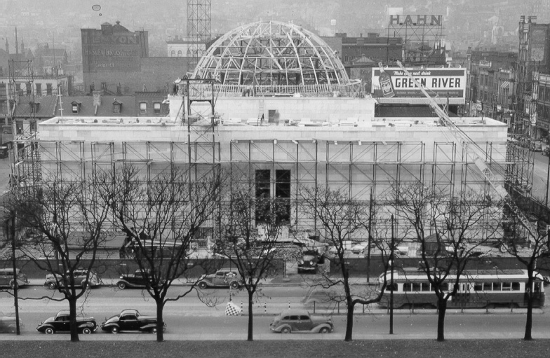 Photo of 
construction of the building and dome of Buhl Planetarium, Pittsburgh, Oct. 22, 1938